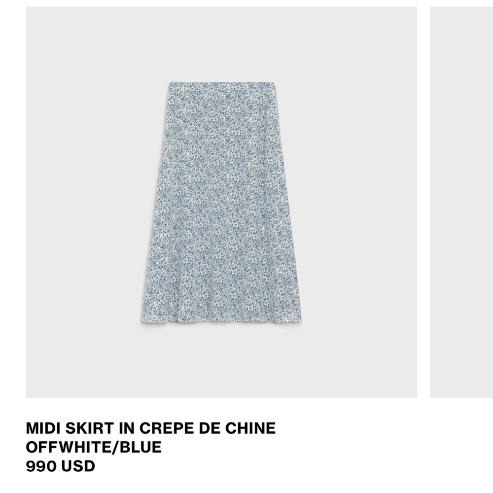 Celine Midi Skirt In Crepe De Chine Off White/ Blue